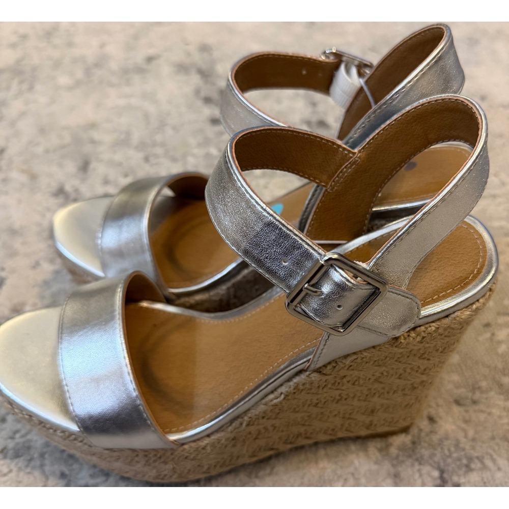 Report Citrine Metallic Silver Espadrille Platform Wedge Sandals Womens 6M